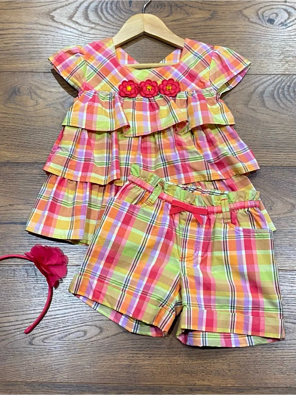 Gymboree Girls Vintage ‘Pretty Posies’ Plaid Shorts Set with Headband Size 5